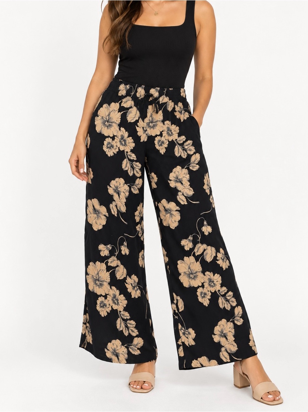 Favorite Daughter Black Wide-Leg Floral Trousers with Tan Print
